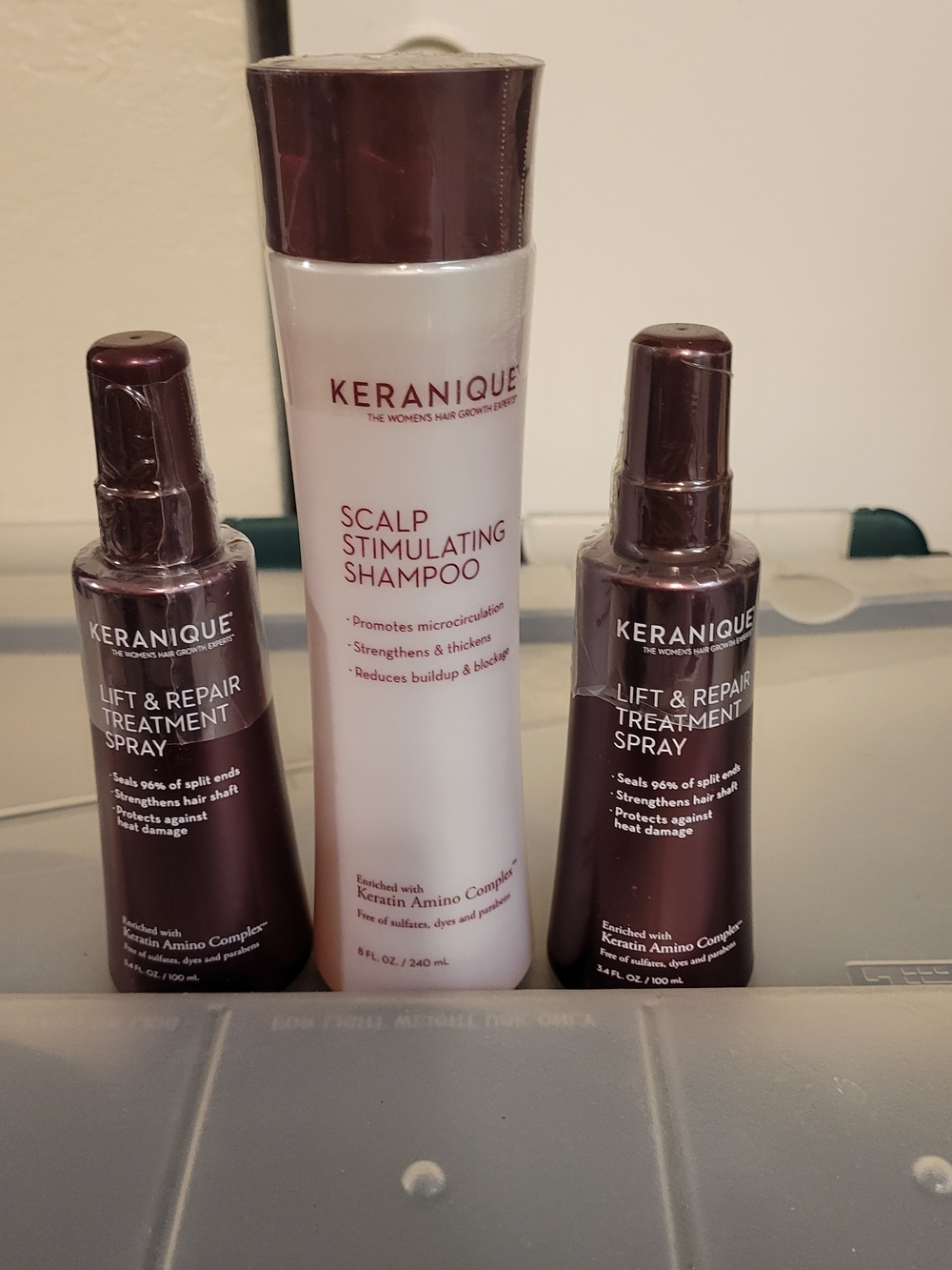 Keranique Scalp Stimulating Shampoo 8oz + 2 Lift & Repair Treatment Sprays 3.4oz
